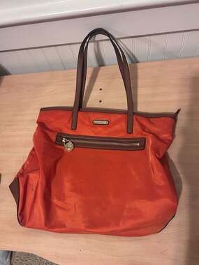 Michael Kors Orange Nylon Tote Bag with Brown Leather Trim